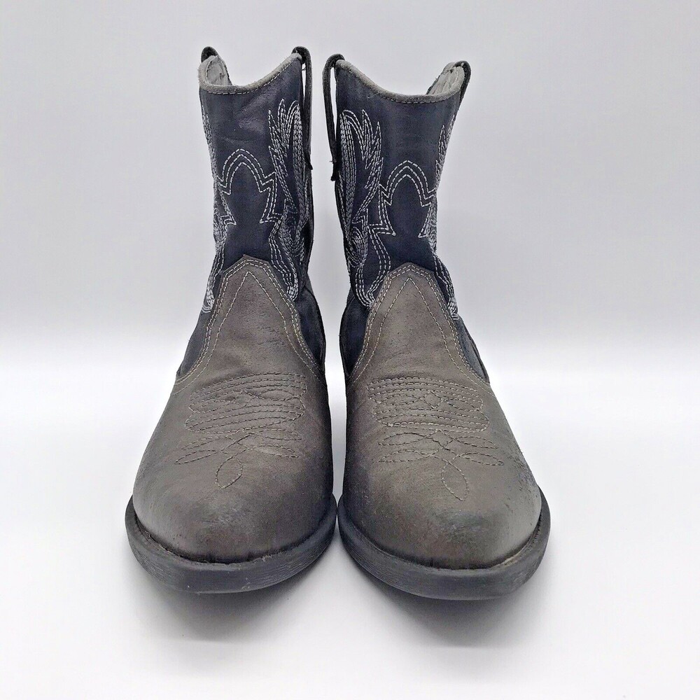 London Rebel Black Gray Embroidered Faux Leather Western Ankle Boots Women's 6M - Picture 3 of 10